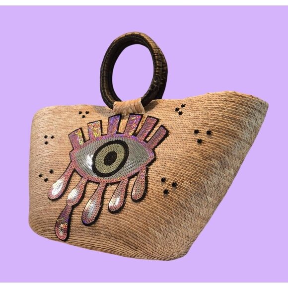 Vintage Handcrafted Straw "Evil Eye" Purple Sequin Beach Tote Purs - Picture 14 of 16